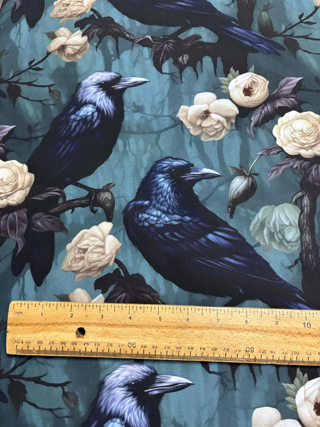 Teal Gothic Crow Cotton Fabric