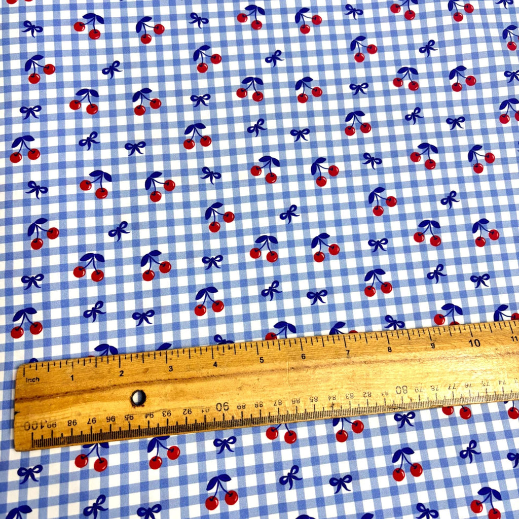 Blue Cherry Gingham Check Cotton Fabric