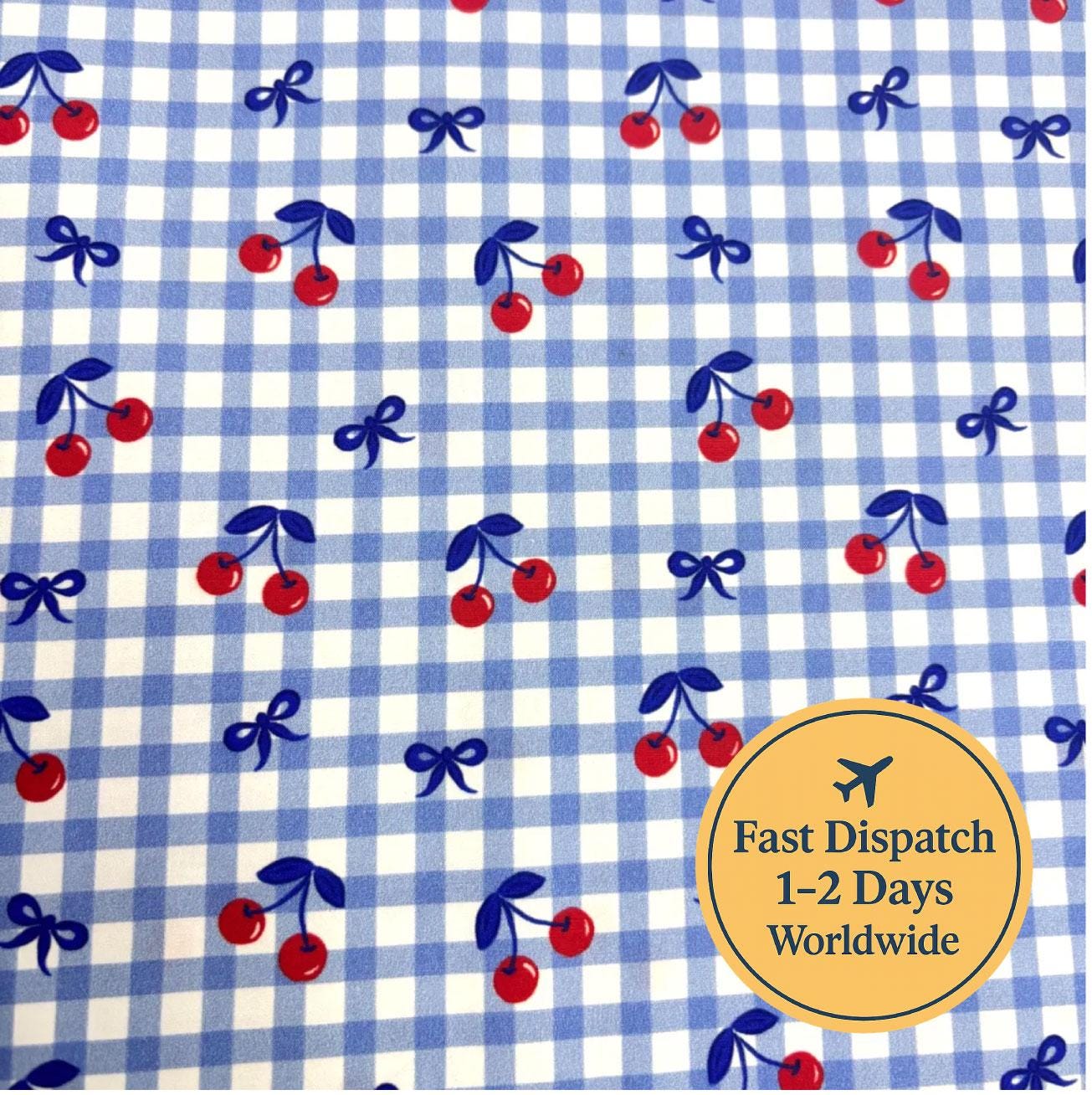 Blue Cherry Gingham Check Cotton Fabric