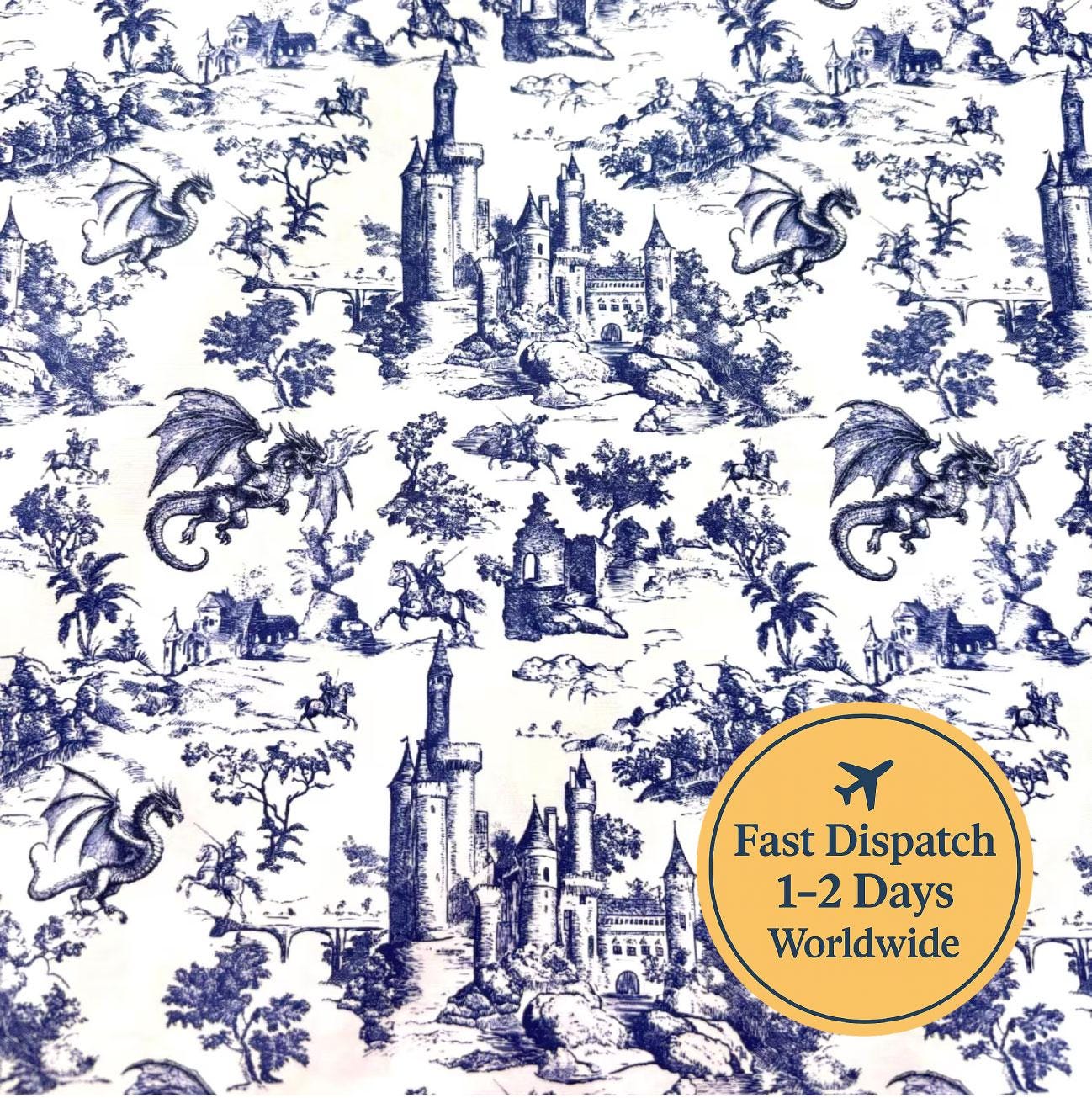 Blue Toile Dragon Cotton Fabric