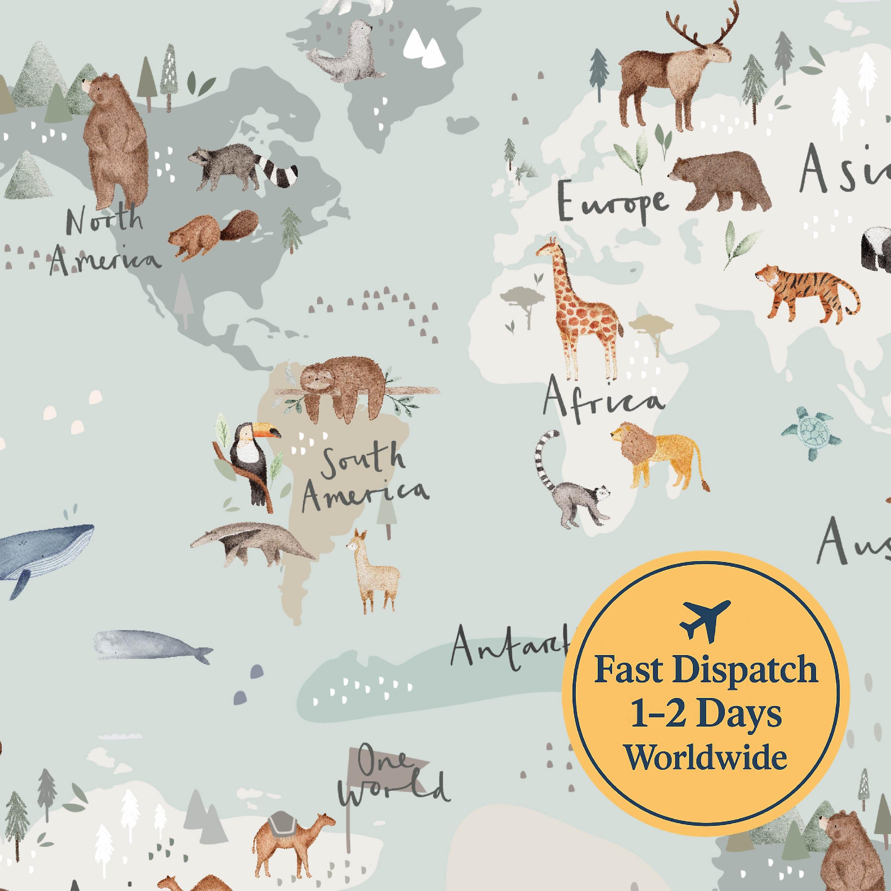 World Animal Map Cotton Fabric