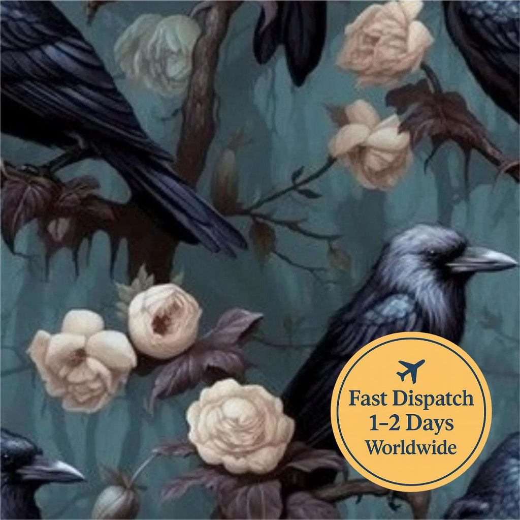 Teal Gothic Crow Cotton Fabric