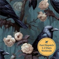Teal Gothic Crow Cotton Fabric