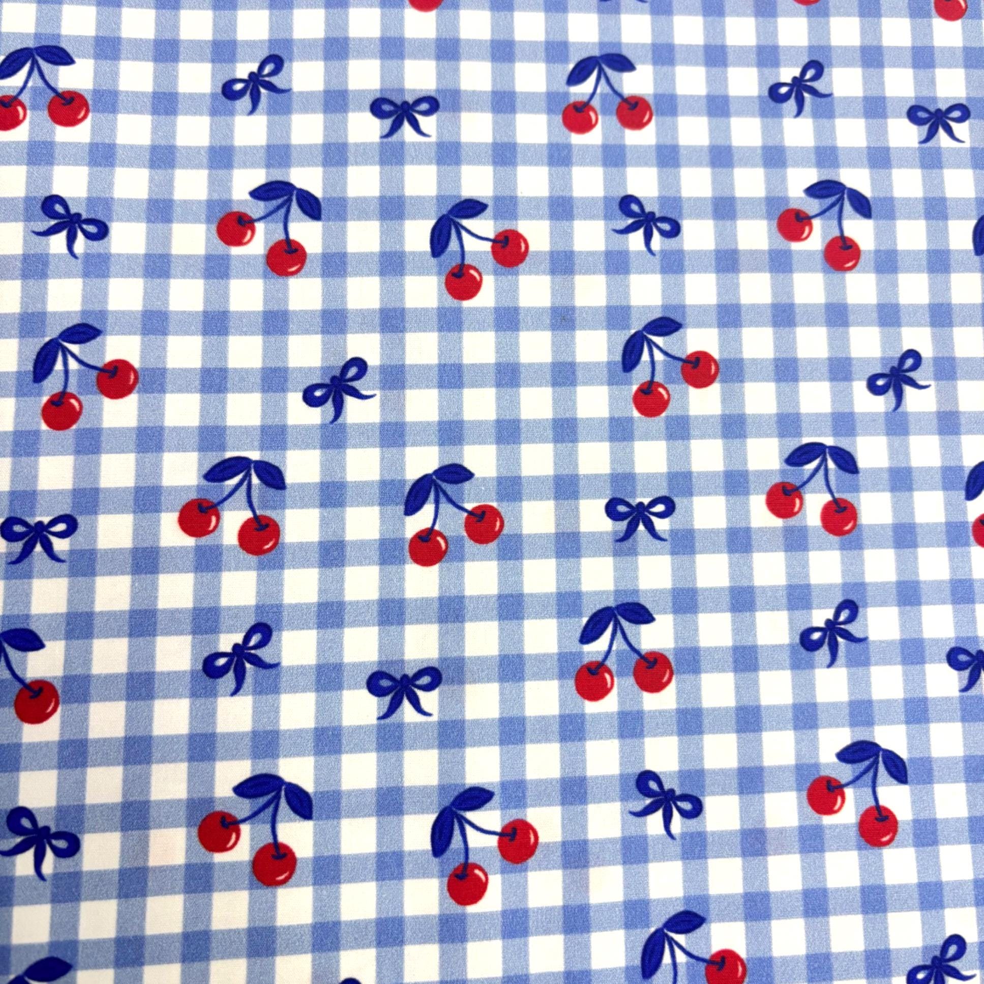 Blue Cherry Gingham Check Cotton Fabric
