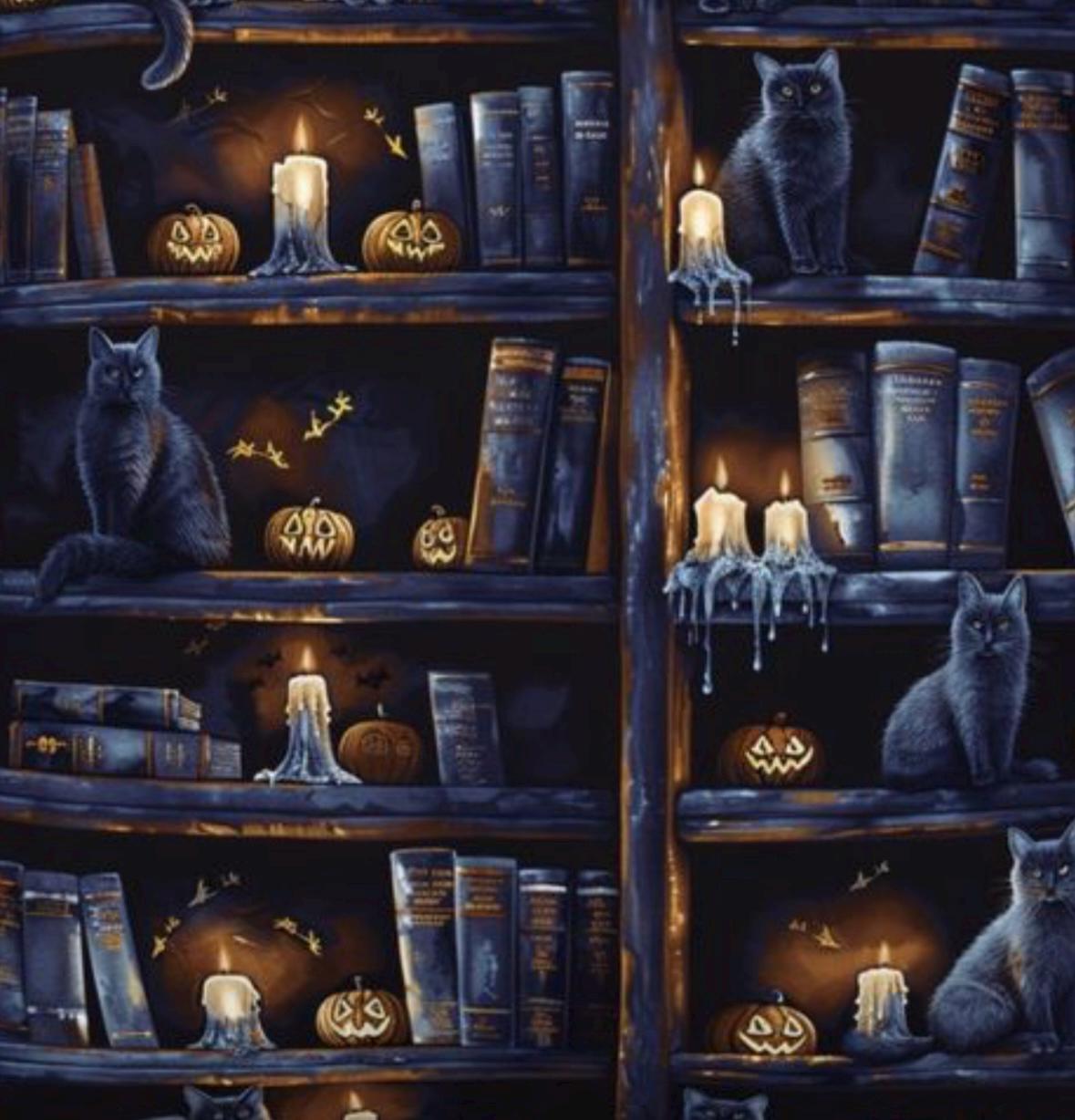 Midnight Gothic Cat Bookshelf Cotton Fabric