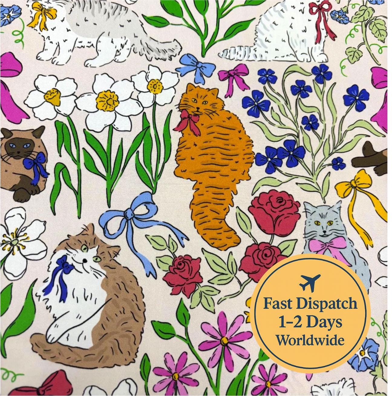 Floral Cat Cotton Fabric