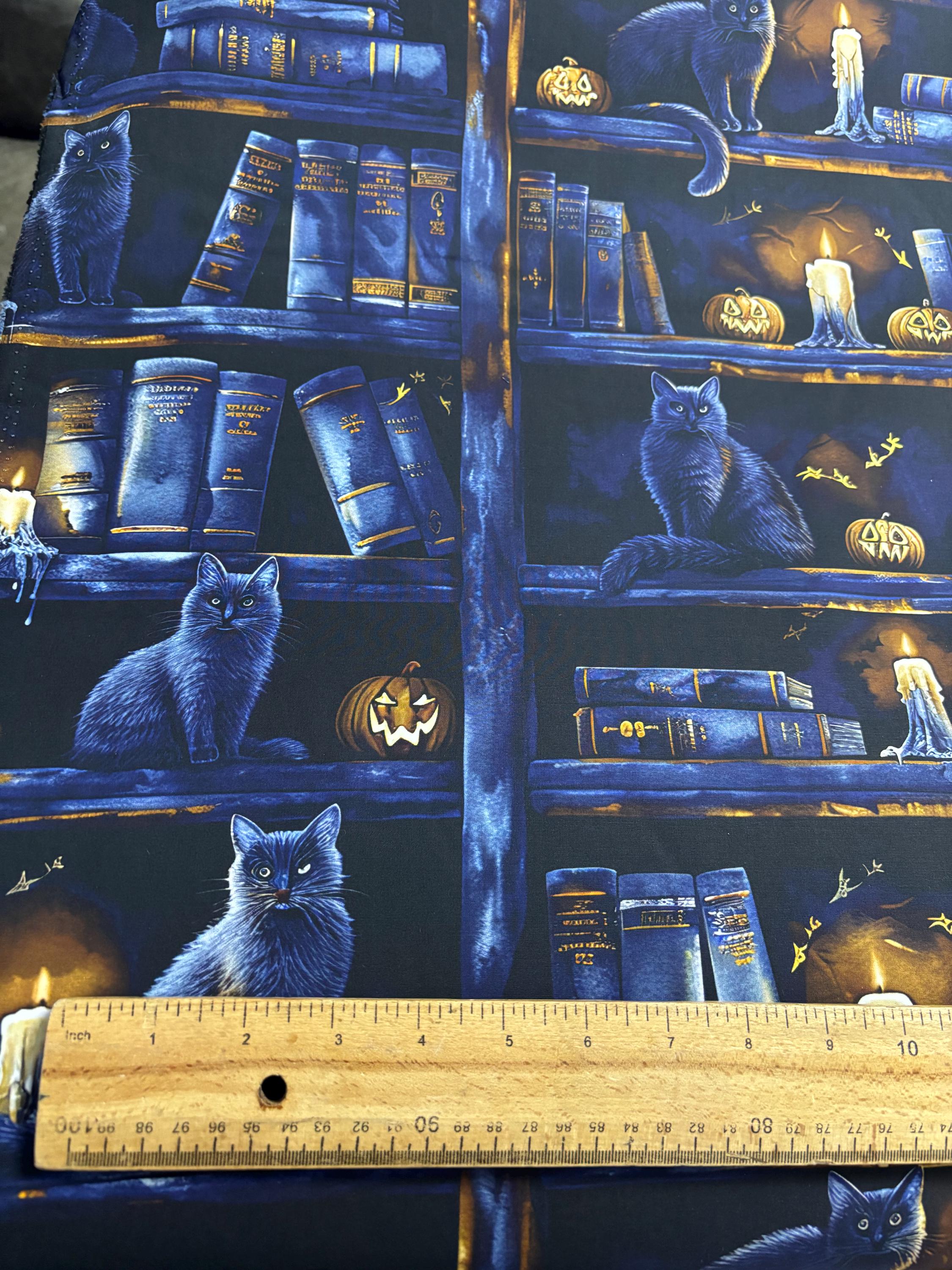 Midnight Gothic Cat Bookshelf Cotton Fabric