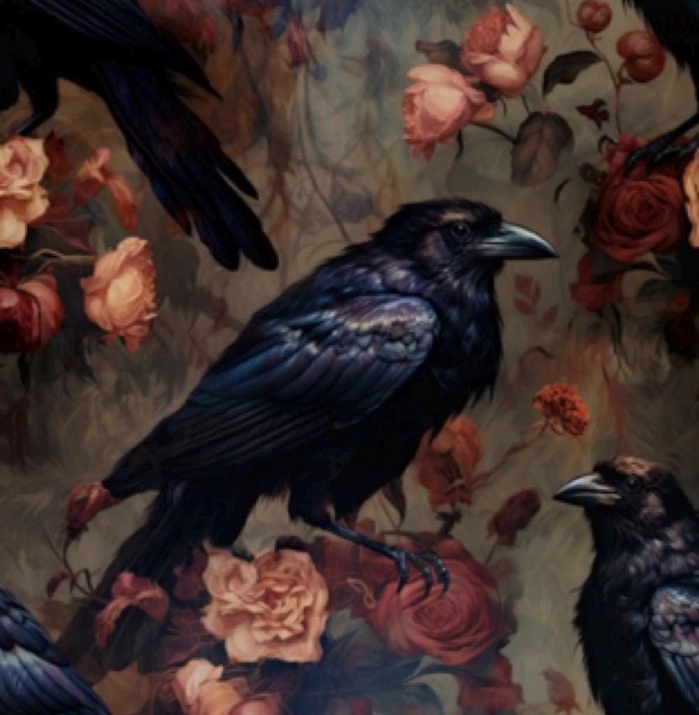 Moody Floral Gothic Crow Cotton Fabric