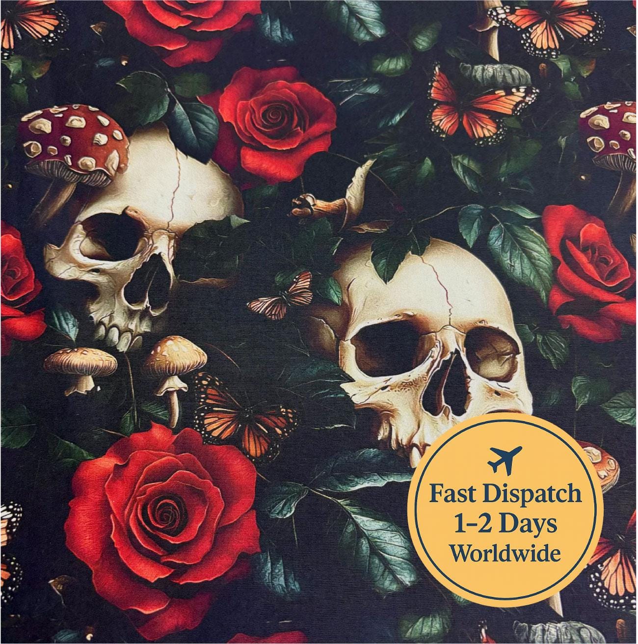 Red Floral Skull Cotton Fabric