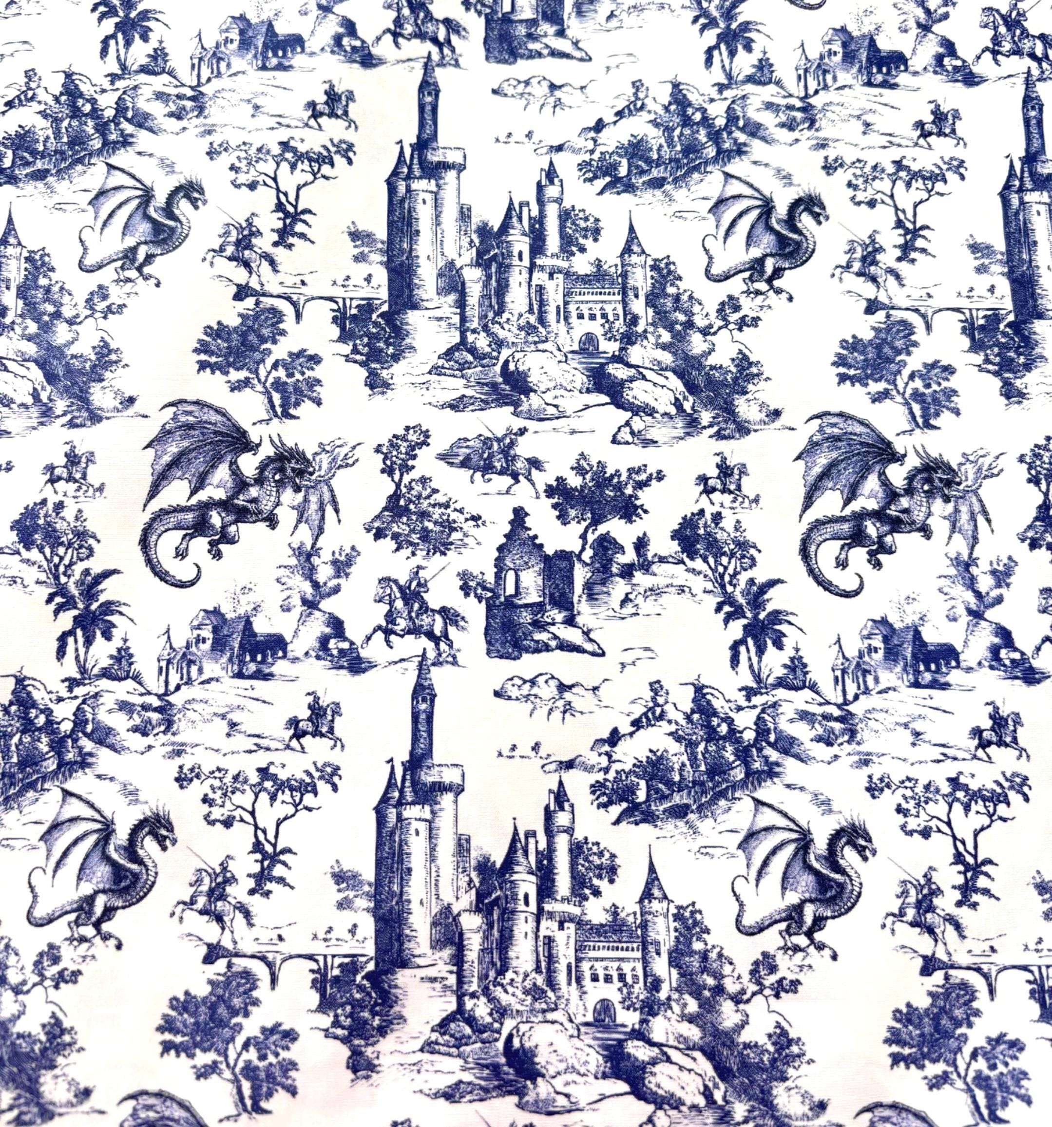 Blue Toile Dragon Cotton Fabric