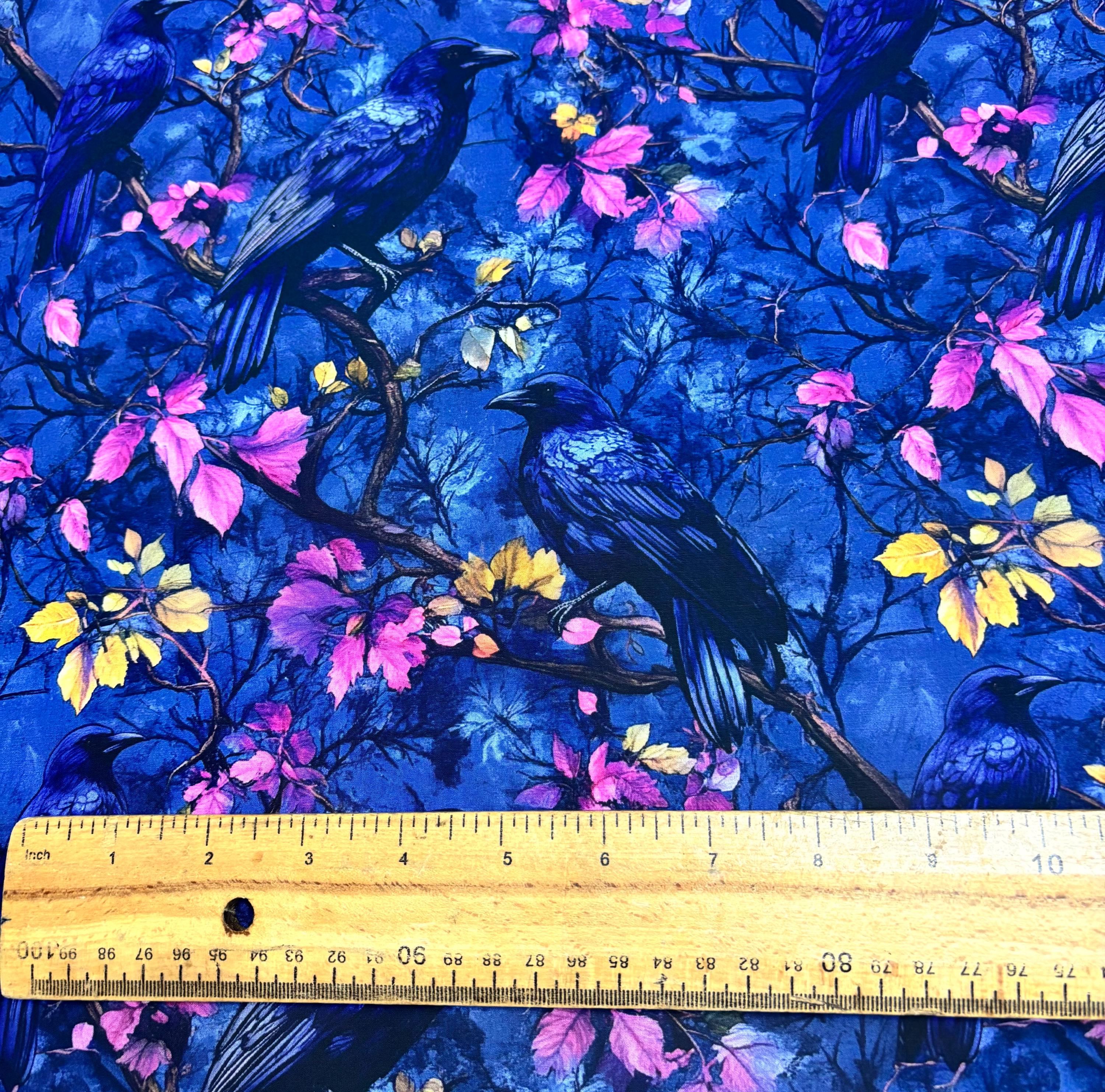 Blue Floral Crow Cotton Fabric