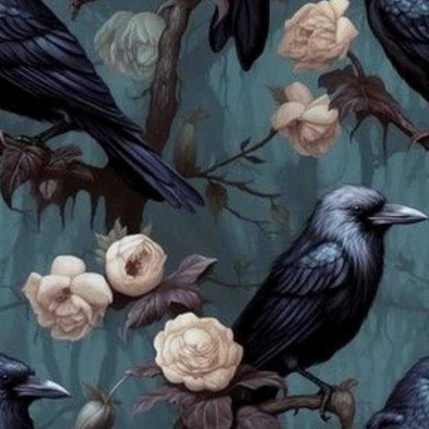 Teal Gothic Crow Cotton Fabric