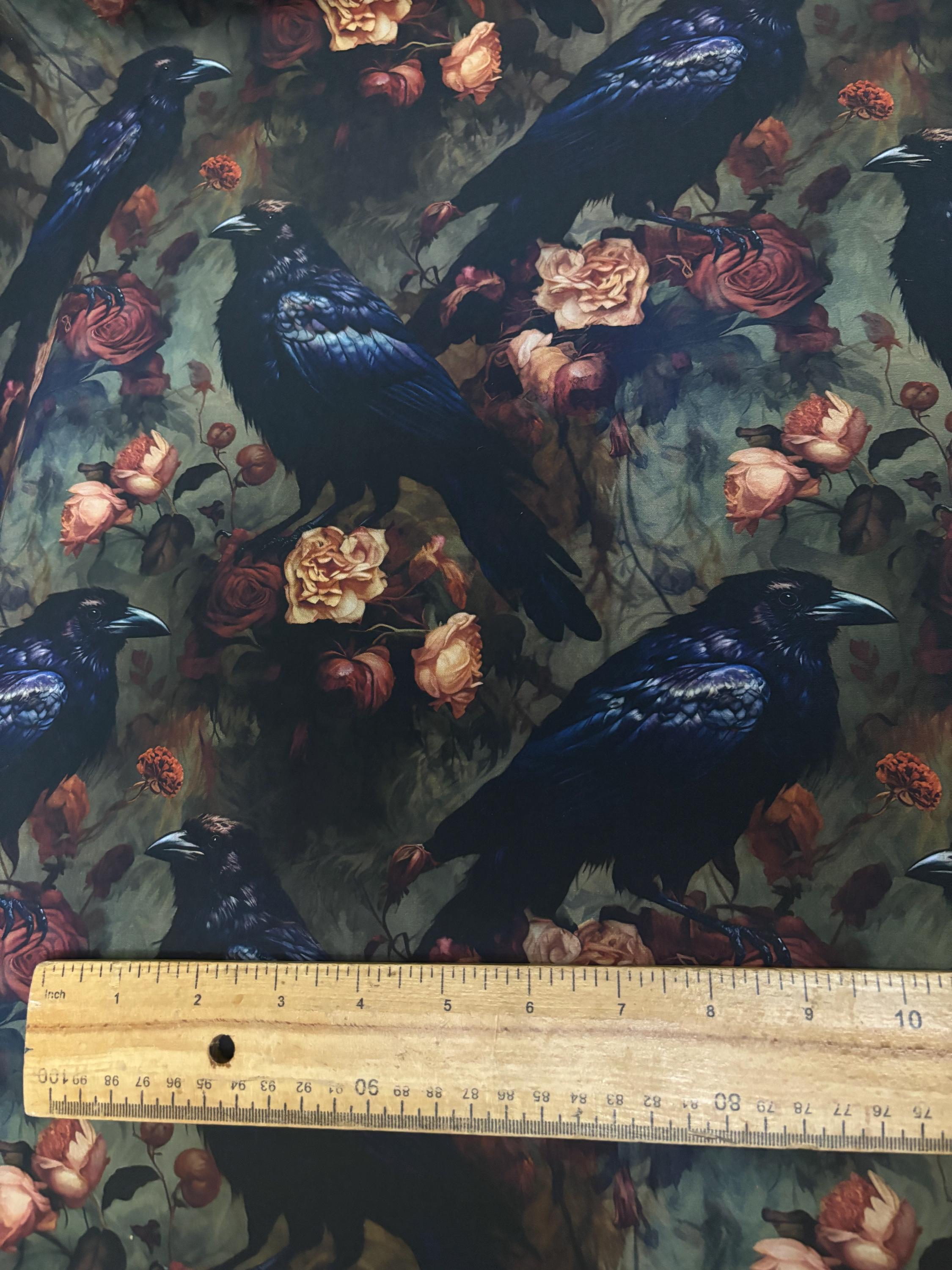 Moody Floral Gothic Crow Cotton Fabric