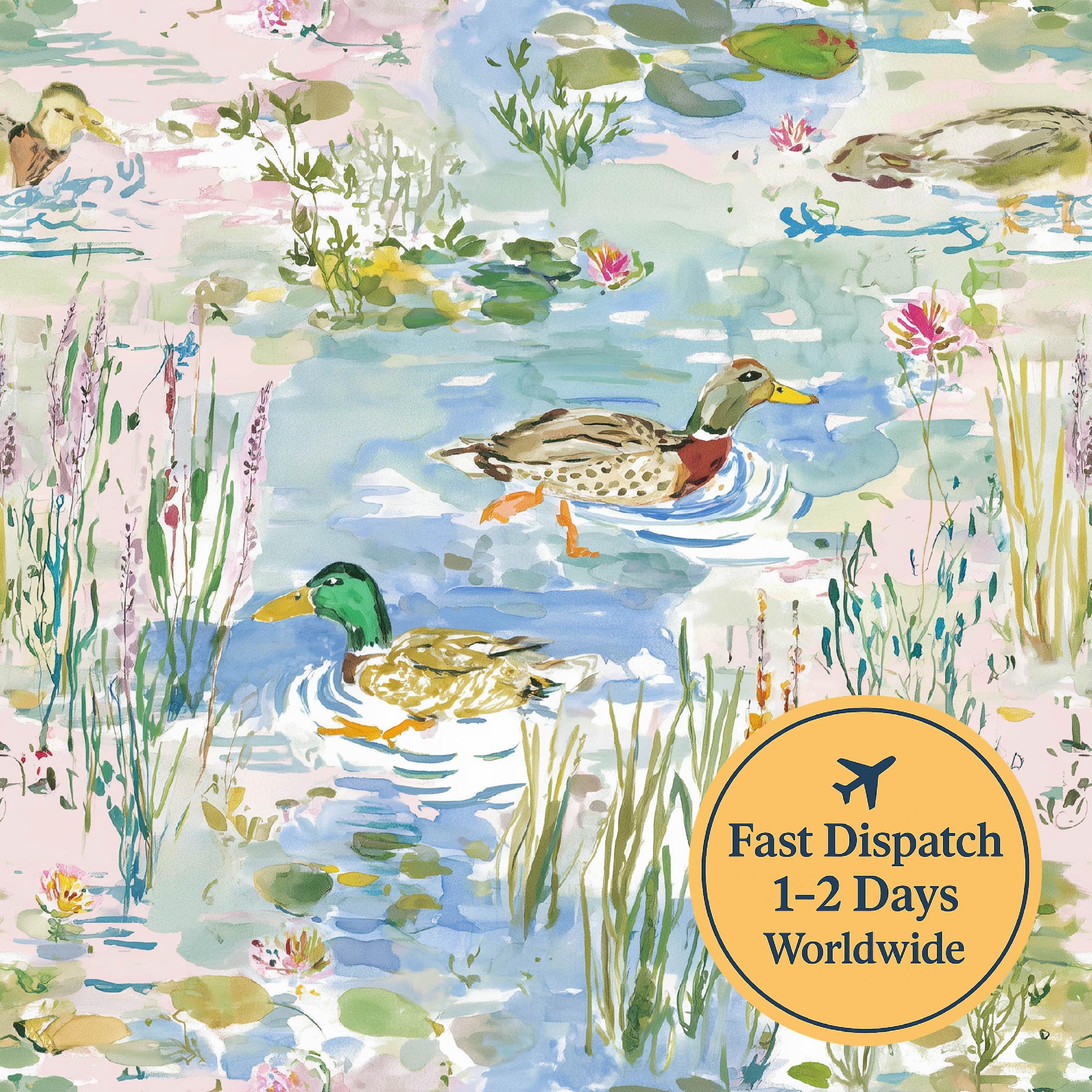 Watercolour Duck Pond Cotton Fabric