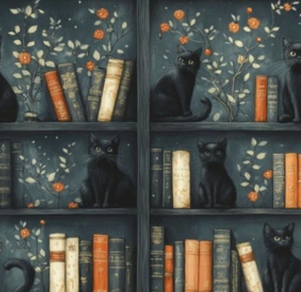 Gothic Cats Bookshelf Cotton Fabric
