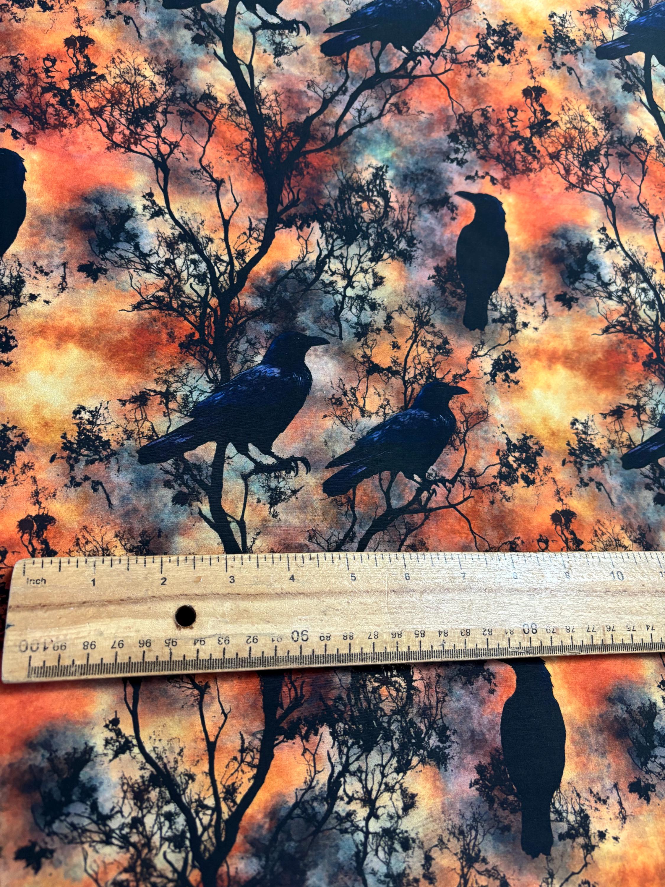 Gothic Crow Orange Cotton Fabric