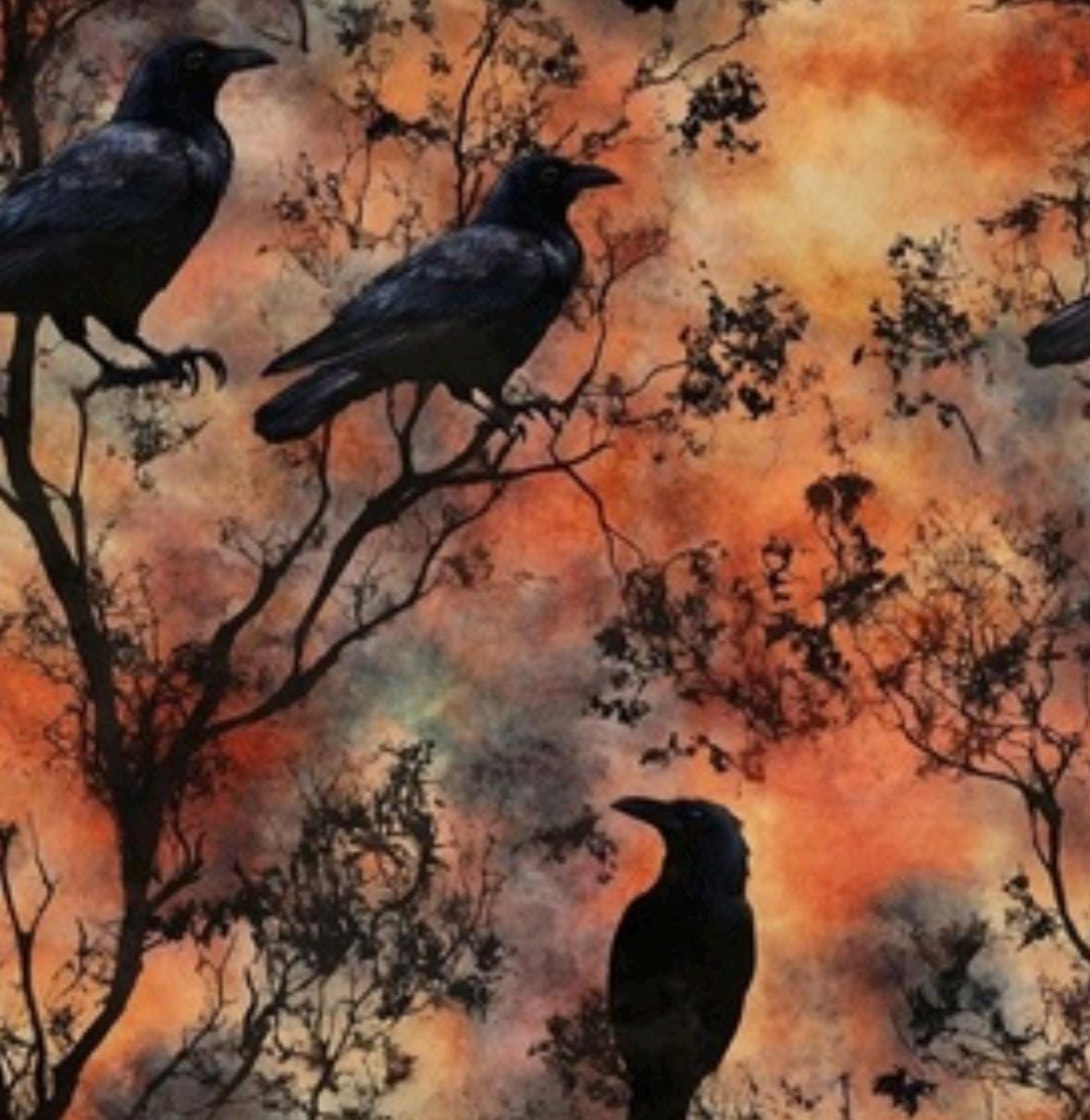 Gothic Crow Orange Cotton Fabric