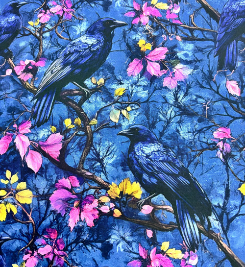 Blue Floral Crow Cotton Fabric