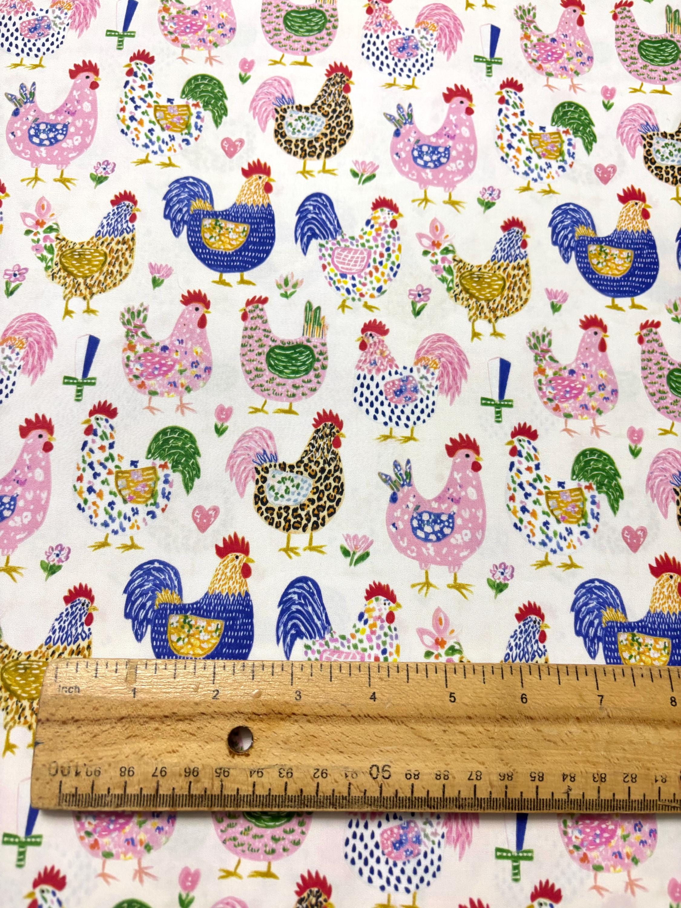 Colourful Farm Chicken Cotton Fabric