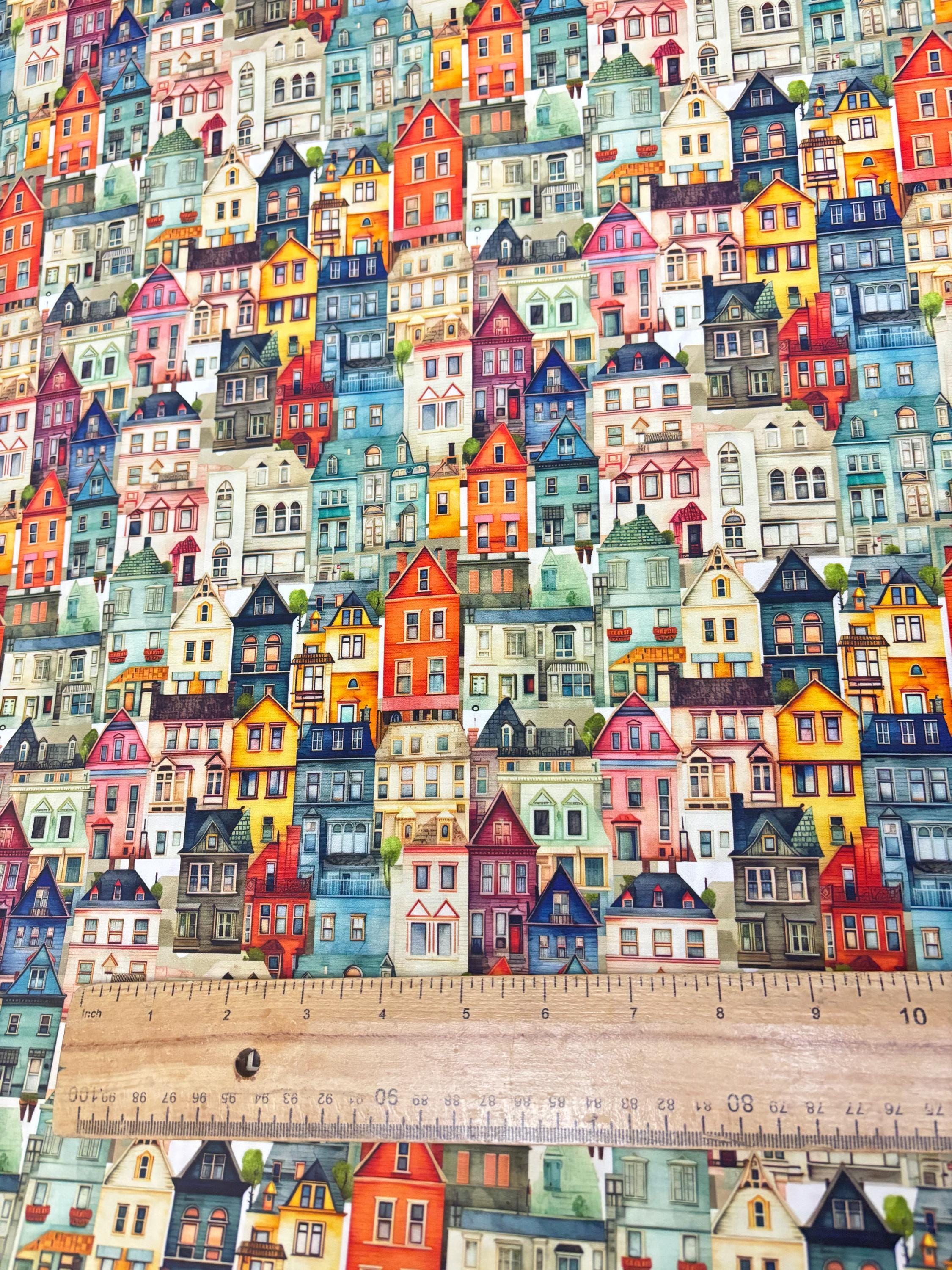 Colourful Houses Cotton Fabric
