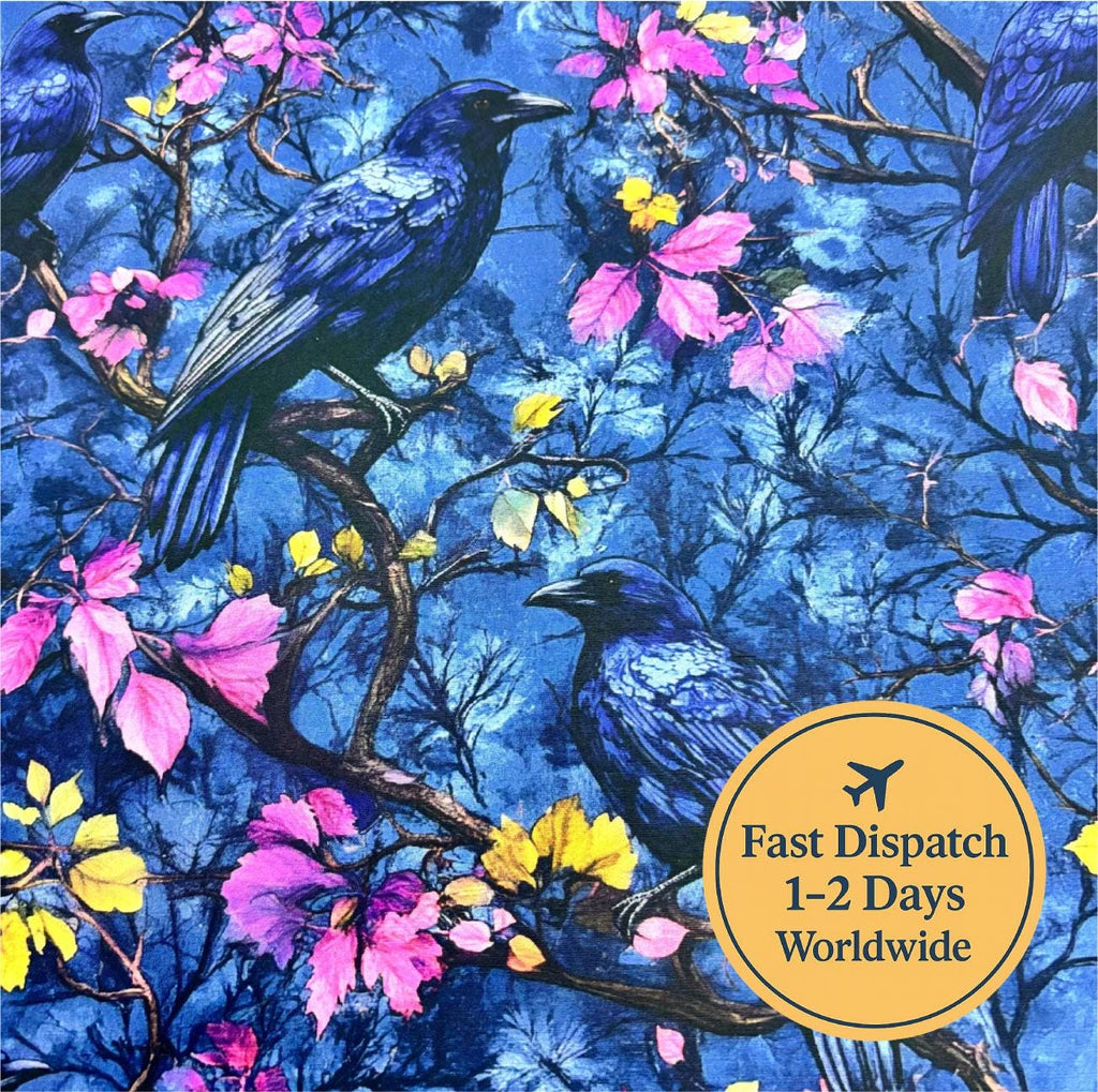 Blue Floral Crow Cotton Fabric