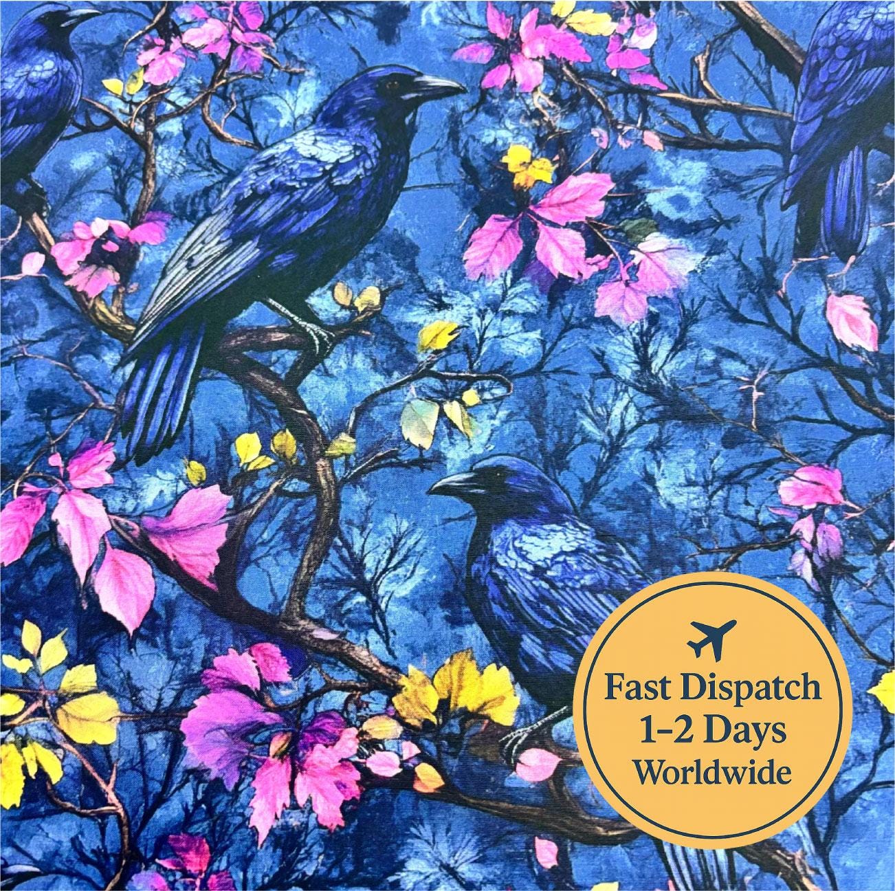 Blue Floral Crow Cotton Fabric