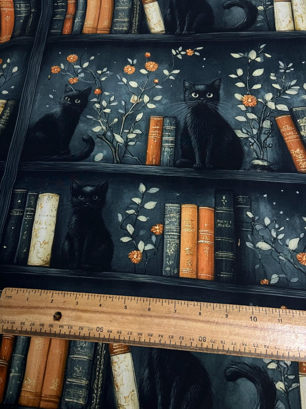 Gothic Cats Bookshelf Cotton Fabric