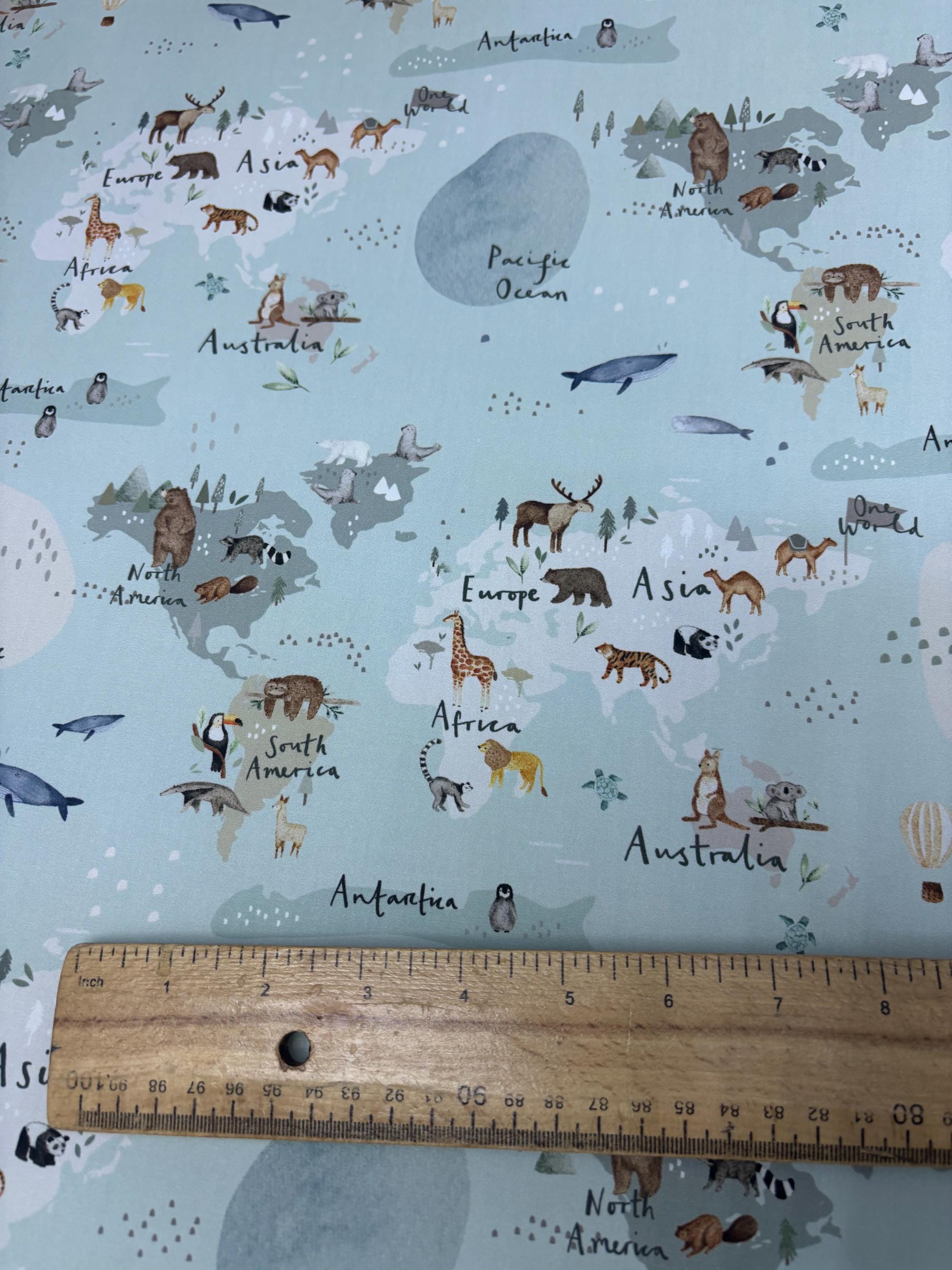 World Animal Map Cotton Fabric